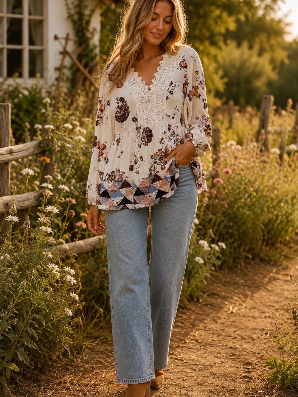 Maurices Medium Boho Floral Crochet Lace Peplum Blouse Rayon Long Sleeve Top